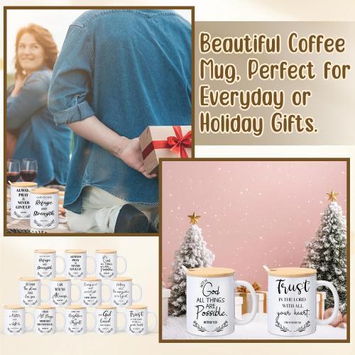 12 Sets Christian Gifts Bulk Religious Mugs 12oz Bible Verses Ceramic Coffee Cup with Lid Handle Spoon Inspirational Mug Church Gift for Coworker Employee Staff(Christian)