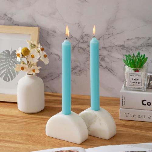 Set of 2 Candle Holder, Natural Marble Candle Stick Holder, Heavy Candlestick Holders - Semi-Circular Modern Home Decor(2White)