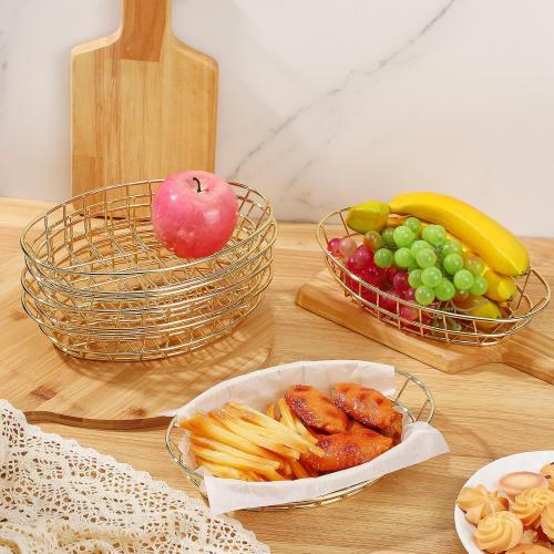 Tioncy 4 Pcs Chrome Oval Metal Wire Baskets 9.5 x 6.2 x 2.2 Inch Bread Serving Decorative Sandwich Container Christmas Party Fast Food Basket for Fruit Burger Kitchen Restaurant(Gold