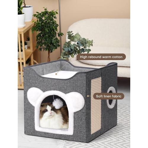 Cat Houses for Indoor Cats, Large Cat Cave with Fluffy Ball and Scratch Pad, Covered Cat Bed House, Foldable Cat Hideaway
