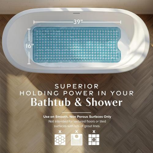 SlipX Solutions 39x16 Power Grip Non Slip Bathtub Shower Mat, Aqua | Stronger Wet Surface Protection, Soft Under Foot, 265  Suction Cups, Large Drainage Holes