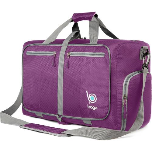 Bago Foldable Duffel Bags for Traveling Women & Men - 40L Sports Packable Duffle Bag for Travel with Shoe Compartment - Water Repellant, Heavy Duty, Lightweight Folding & Collapsible (Purple)