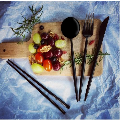 KiiZYs Matte Black Silverware Set - 8-piece Modern Flatware Stainless Steel Chopsticks – Kitchen Utensils Gifts for Couples - Cutlery Spoon Fork Knife Dishwasher Safe New Home (Black, Service for 2)