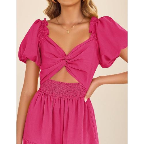 Size XL ... Womens Summer 2025 Boho Vacation Dress Short Puff Sleeve Flowy Smocked Cutout A Line Beach Party Dresses