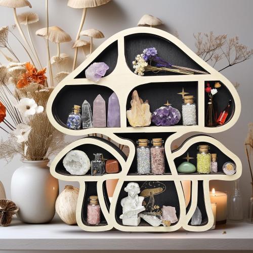 Mushroom Decor Floating Shelves, Crystal Display Shelf for Wall, Cute Whimsy Mushroom Wall Decor, Rock Gem Stone Organizer, Essential Oil Holder Hanging Case, Meditation Art Spiritual Gift