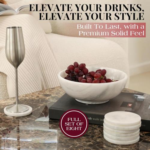 Gusto Nostro Marble Coasters Set of 8 - Modern Natural Stone Coasters for Drinks - Genuine Marble Kitchen Accessories, Round Artisanal Stone Coaster for Kitchen Counter, Coffee Table, Countertop