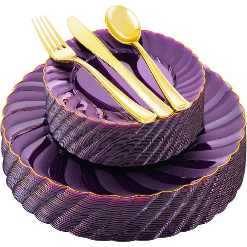 YOUBET 125PCS Purple Plastic Dinnerware Set - Gold and Clear Purple Disposable Plates Include 50 Plastic Plates 75 Silverwares for Wedding Birthday Parties