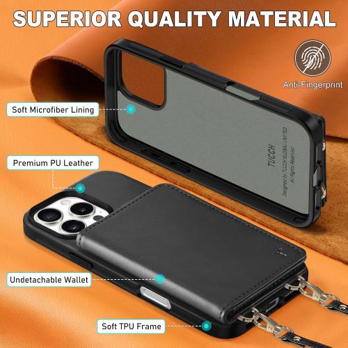 TUCCH Crossbody Wallet Case for iPhone 16 Pro (6.3), RFID Blocking [6 Card Slots][Detachable Adjustable Lanyard], Magnetic Flip Wallet PU Leather Shockproof Phone Cover for iPhone 16 Pro, Black