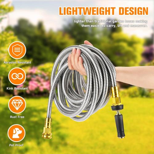 SILVER 100 FT Garden Hose Expandable - 304 Stainless Steel Water Hose 100 FT - Heavy Duty Flexible Kink Free Hose, no Bite