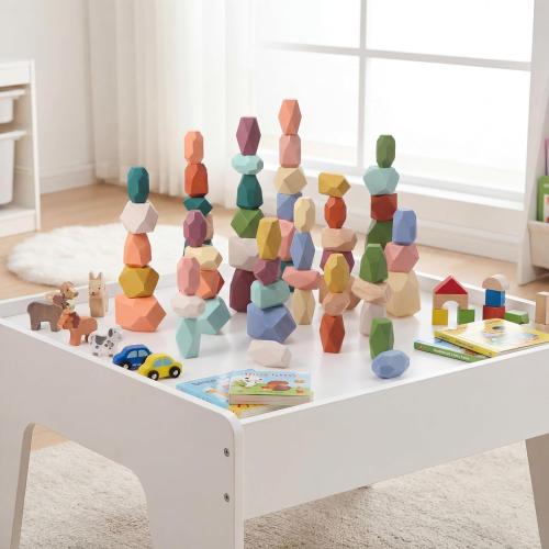 Jenaai 60 Pcs Stacking Rocks Montessori Colorful Wooden Balance Stones Easter Basket Stuffers Blocks Educational Sensory Learning Puzzle(Morandi Color)