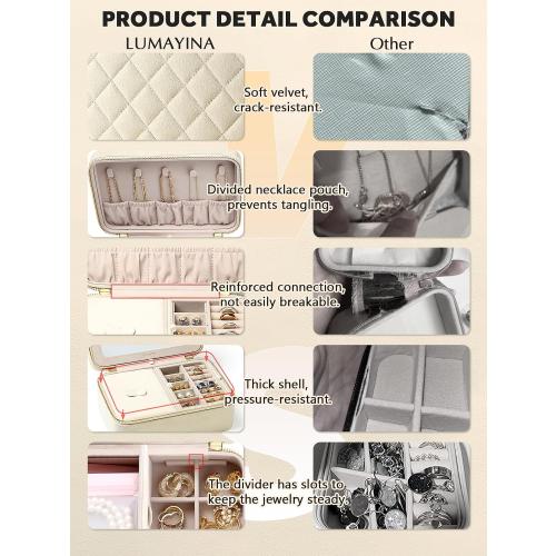 Velvet Travel Jewelry Box with Large Mirror, Double-Layer Jewelry Organizer Case for Women and Girls, Portable Storage Case with 6 Anti-Tarnish Bags Gift Ready for Her (Beige)