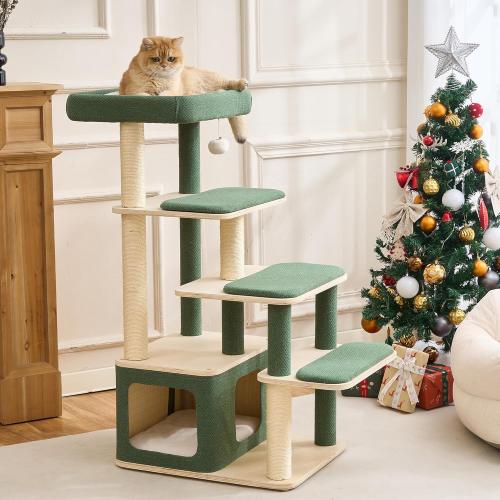 Modern Wood Cat Tree Tower for Large Cats - 43.5 Indoor Wooden Cat Condo with Sisal Scratching Posts, Washable Cushions, Large Top Perch & Easy Climb Steps for Elderly/Short-Legged Cats Multi-Cat Use