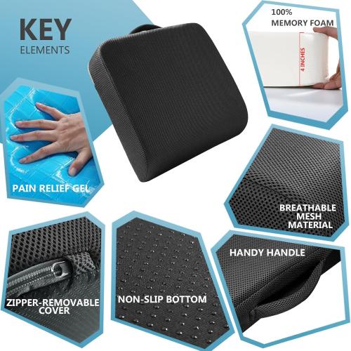 Extra Thick Large Seat Cushion -big Gel Memory Foam Cushion with Carry Handle Non Slip Bottom - Pain Relief Coccyx Cushion for Wheelchair Office Chair (Black (1PACK))