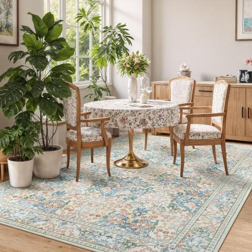 Lessymo Floral Living Room Rug 5x7 Area Rug, Vintage Forest Washable Rugs for Dining Room, Bedroom, Low Pile Non Slip Rubber Green Mat Indoor Boho Carpet for Large Entryway, Beige Brown