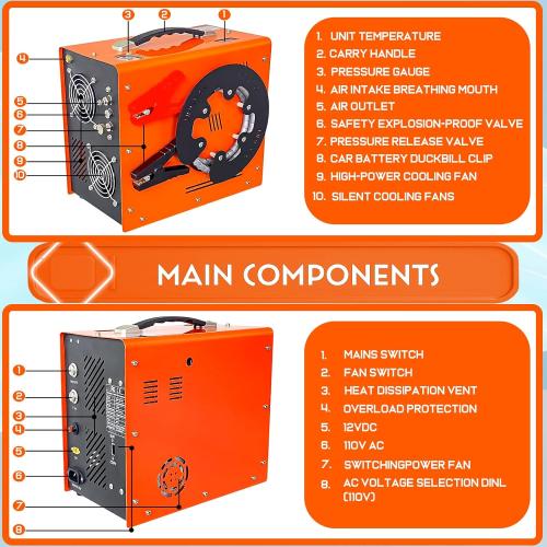 Pcp Air Compressor,Built-in Converter Water-Oil Filter,Auto Stop,Oil/Water Free,Unique Vertical Wire Spool Portable Design,Powered by Car 12V DC or Home 110V AC for Paintball Scuba Tank