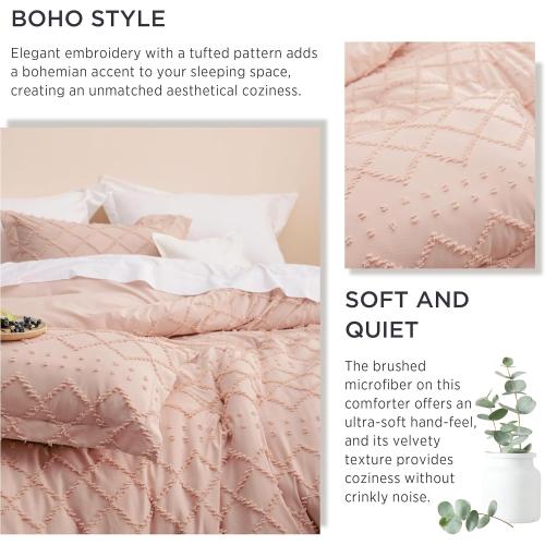 Bedsure Queen Comforter Set - Coral Pink Comforter, Boho Tufted Shabby Chic Bedding for Kids, 3 Pieces Vintage Farmhouse Bed Set for All Seasons, Fluffy Soft Bedding with 2 Pillow Shams