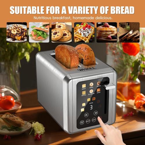 WHALL Touch Screen Toaster 2 Slice, Stainless Steel Digital Timer Toasters with Sound Function, Smart Extra Wide Slots Toaster with Bagel, Cancel, Defrost (silver)