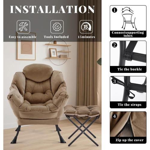Lazy Chair with Ottoman, Comfy Reading Chair, Brown | Cushioned Seat with Foldable Ottoman and Side Pocket, Lounge Chair for Bedroom, Living Room, Dorm and Small Spaces