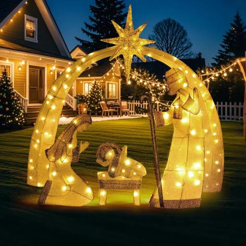Christmas Decorations 55-inch Illuminated 2D Outdoor Nativity Scene, Christmas Arch Holy Family Yard Decoration, Includes LED Lights, Ground Pegs, and Cable Ties.