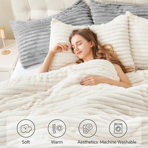 BEDELITE Fleece Full Comforter Set -Super Soft & Warm Fluffy Cream White Bedding, Luxury Fuzzy Heavy Bed Set for Winter with 2 Pillow Cases