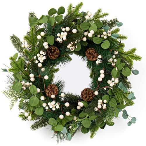 20 Inches Vintage Christmas Wreath Classic Winter Wreaths for Front Door Rustic Holiday Winter Wreath with White Berry Pine Cones for Doors Windows Indoors Outside Hanging Decoration