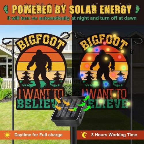 Solar Powered LED Bigfoot Garden Flag Double Side Outdoor Bigfoot I Want to Believe Yard Flag for Outdoor Patio Lawn Home Porch Decor