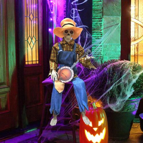 23.6 Inch Animated Banjo Skeleton Halloween Decorations, Funny Animated Dueling Banjo Skeletons, Halloween Country Skeleton Musicians for Outdoor Yard Lawn
