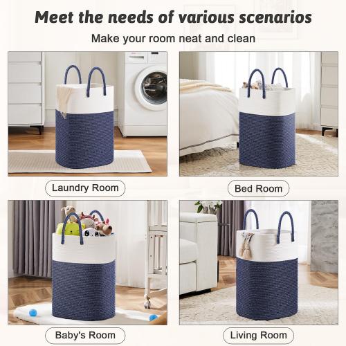 Laundry Basket,Woven Cotton Rope Laundry Hamper,Versatile Storage for Dirty Clothes,Baby Toys,and Blankets in Bathroom, Nursery,and Living Room (Blue, 40L)