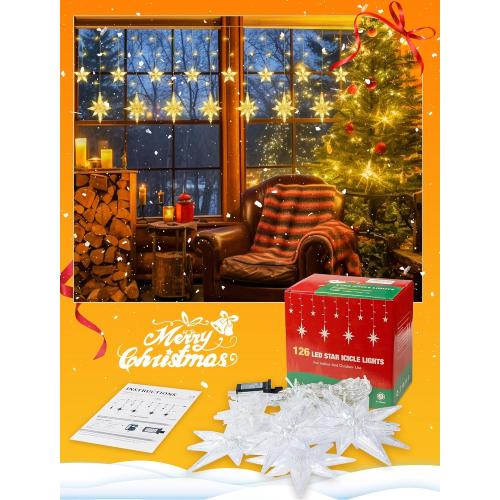 9 LED Star Icicle Lights,t Connectable Window Curtain Lights Plug  Modes Timer Bethlehem Star Christmas Light for Indoor Outdoor,Bedroom,Wedding,Ramadan Decor,Warm White