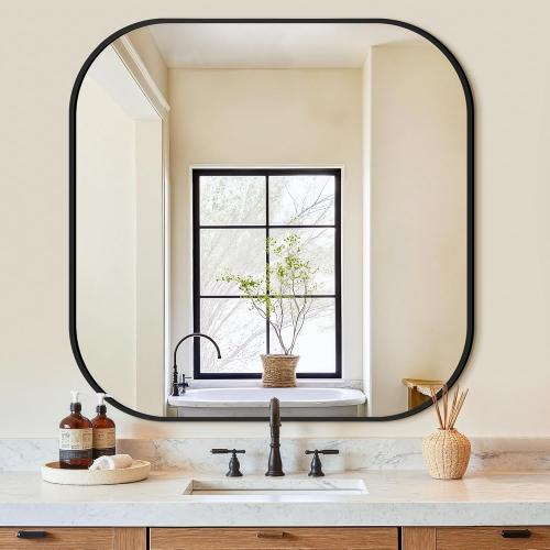Bathroom Mirror for Wall, Black Bathroom Vanity Mirror for Over Sink 35 x 35, HD Reflection Shatterproof Square Mirror for Living Room Bedroom Entryway, Metal Frame