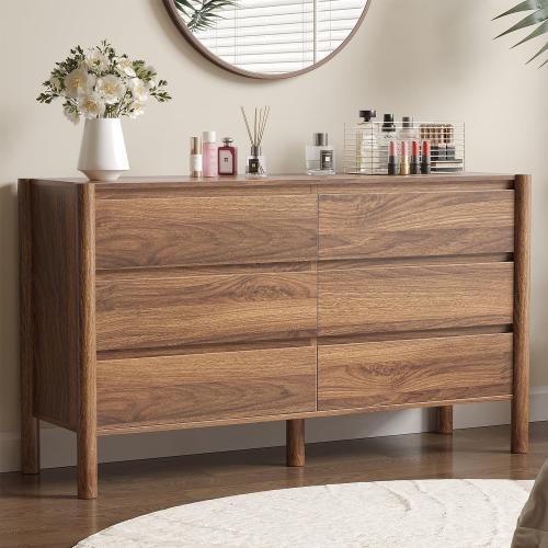 CHUWELL Walnut 6 Drawers Dresser for Bedroom, 47.2 Wide Mid Century Modern Chest of Drawers with 4 Solid Wood Cylindrical Legs and Large Storage Space, Large Dresser for Bedroom (No test)