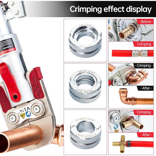 Hydraulic Copper Pipe Tube Fittings Crimping Tool with 1/2,3/4,1,1-1/4 for Copper, 1/2,3/4,1 for F877 Stainless PEX Press and 3/8 to 1 for F1807 Pex Pipe