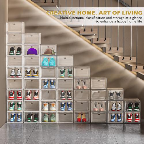 Thickened Clear Shoe Storage Organizer with Magnetic Door, Sturdy Stackable Shoe Boxes for Closet, Collapsible Space-Saving Shoe Rack for Sneakers & Boots, Plastic Shoe Cabinet Box Set, 6 Pack, White