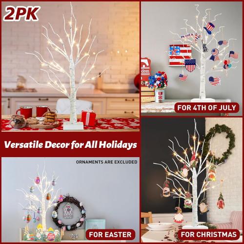 PEIDUO Christmas Decorations Indoor, 2 FT Birch Tree with LED Lights, Fairy Light Spirit Tree for Christmas Decor, Warm White Lighted Birch Trees for Home Decor Indoor, Battery Powered, Timer (2PK)