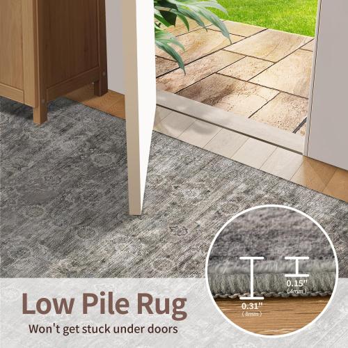 Rugxara Area Rugs for Living Room Bedroom, Grey Washable Rug, Vintage Retro Boho Rug, Non Slip & Low Pile Faux Wool Thin Carpet for Indoor Dining Room, Dorm and Kids Room