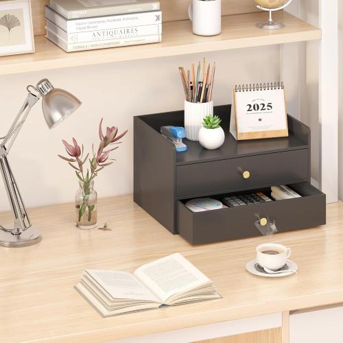 Bamboo Desk Organizer with Drawers Wooden Desktop Storage Drawers for Bills Office Supplies Kitchen Utensils Organizing Tool for Home Classroom Organization No Assembly (2 Drawers, Black)