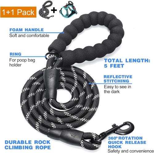 Size Large Neck: 18-25.5, Chest: 25.5-31 Color Black No Pull Harness with A Free Heavy Duty 5ft Leash for Medium Large Dog Adjustable Reflective Oxford Easy Control (L (Neck: 18-25.5, Chest: 25.5-31), Black/Blue Harness Leash)