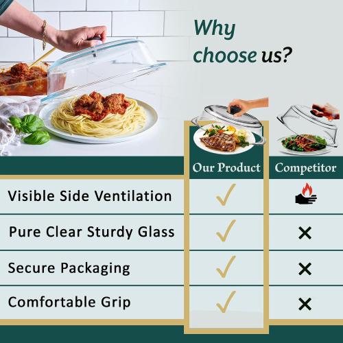 10in Tall Glass Microwave Splatter Cover for Food - Cookware & Bakeware Serving Dish Cover, Plate Splatter Guard Lid with Easy Grip Silicone Handle Knob - 100% Food Grade BPA Free & Dishwasher Safe - 10in.