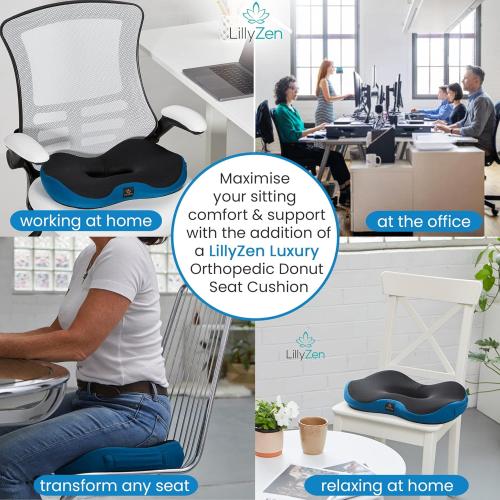 Color Black and Blue Lilly Zen Donut Pillow for Tailbone Pain Relief Memory Foam Cushion Orthopedic Seat Pressure Relief Sitting Coccyx Sciatica Hemorrhoid Pregnancy Postpartum Office Chair Butt Pillows (Black Blue)