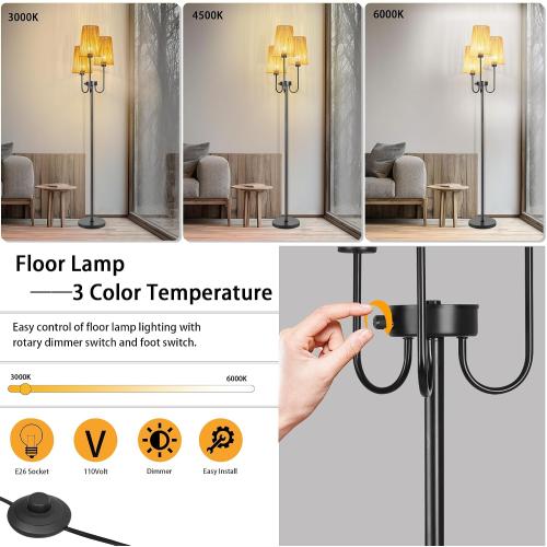 Boho Floor Lamp for Living Room, 3 Light Farmhouse Floor Lamps with Cage Rattan Shade & 7W LED Bulbs, Black Rustic Tree Standing Tall Lamp for Bedroom Corner,65,3 Color Temperature