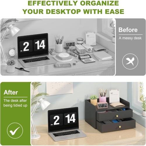 Bamboo Desk Organizer with Drawers Wooden Desktop Storage Drawers for Bills Office Supplies Kitchen Utensils Organizing Tool for Home Classroom Organization No Assembly (2 Drawers, Black)