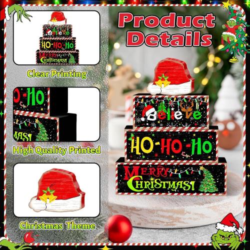 Britimes 4 Pcs Christmas Santa Hat Table Decor Christmas Tiered Tray Decorations Set Santa Hat Block Signs Gift Rustic Farmhouse Tabletop Decor for Table & Home Office