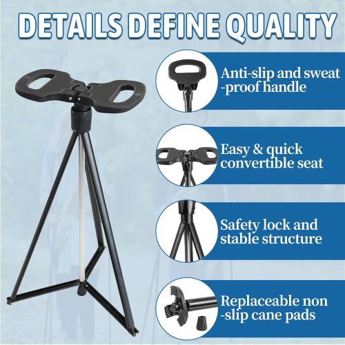 Walking Cane with Seat Folding Lightweight, 2-in-1 Cane Stool for Adults, Aluminum Walking Stick with Seat, Capacity 330lb Portable Stool for Senior, with Carry Bag-Black