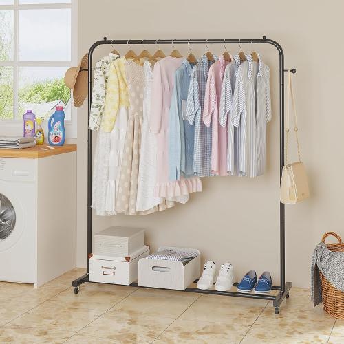 Garment Rack, Freestanding Simple Single Pole Clothes Rack With Wheels, Coat Rack, Multi-functional Rolling Clothing Storage With 2 Hooks for Bedroom, Living-room, Black