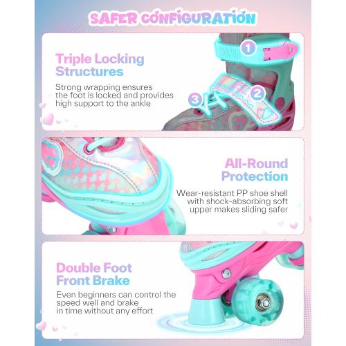 Sportneer Kids Roller Skates: 4 Size Adjustable Quad Skates with Light Up Wheels for 5-8, 8-12 Girls Boys Kids Toddlers Beginners, Birthday Gift with Protective Gear Set for Outdoor Indoor