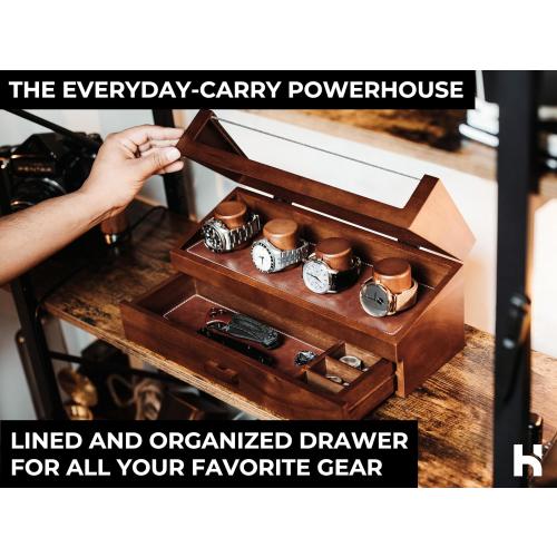 Holme & Hadfield 4 Slot Luxury Watch Display Case with Hinged Cover, Drawer