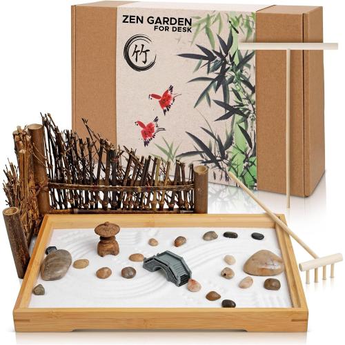 ENSO - Japanese Zen Garden Kit for Desk - 11x7.5 Inches Large - Bamboo Tray, White Sand, River Rocks, Pebbles, Rake Tools Set - Office Table Accessories, Mini Zen Sand Garden Kit - Meditation Gifts