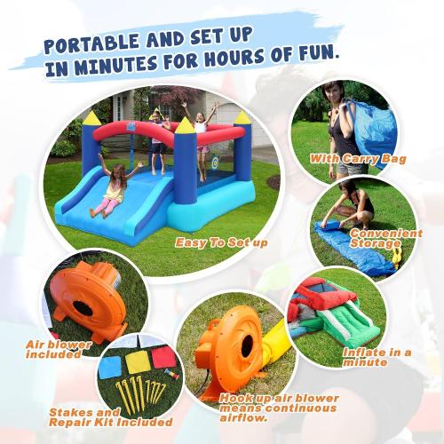Action Air Bounce House, Inflatable Bouncer with Air Blower, Jumping Castle with Slide, Family Backyard Bouncy Castle, Durable Sewn with Extra Thick Material, Idea for Kids (Blue)