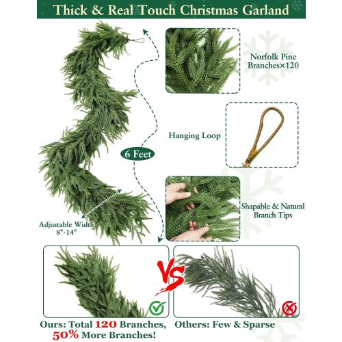 Thick Real Touch Christmas Norfolk Pine Garland Realistic, 6 Ft by 12 Inch Christmas Garland with 120 Branch Tips, Artificial Greenery Garlands for Xmas Holiday Table Fireplace Mantle Indoor Outdoor