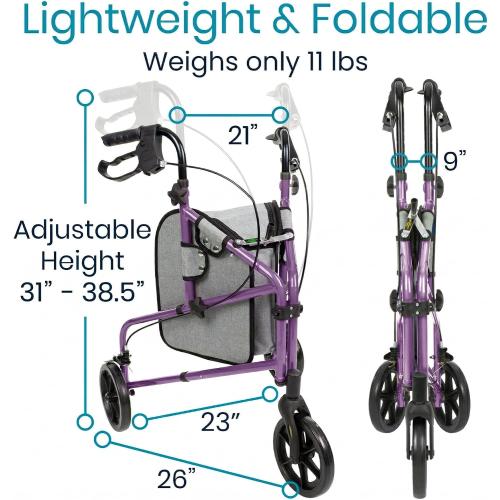 Vive Mobility 3 Wheel Walker - Three Wheeled Rollator for Seniors | Lightweight, Foldable, Narrow, Heavy Duty - for Elderly Men Women - Folding 3-Wheel Tri Scooter with Basket Bag